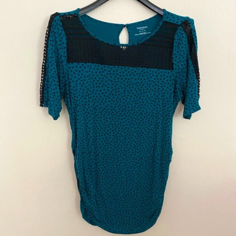 Motherhood Maternity Blouse - Teal Blue Green Polka Dot and Mesh Detailing